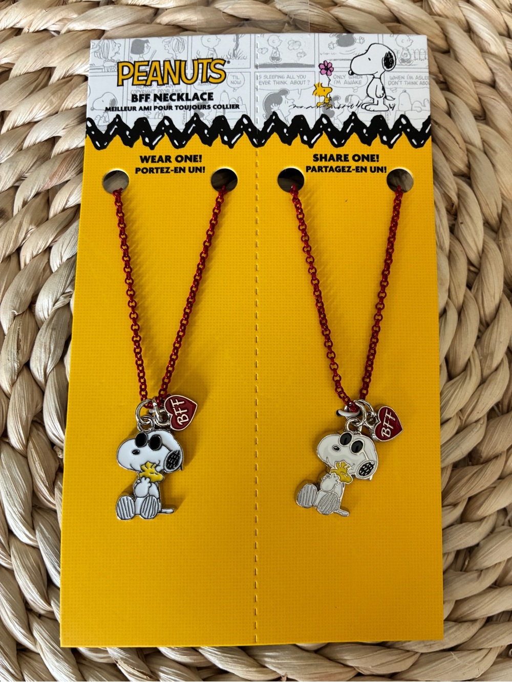 Pair of 2 Snoopy Woodstock BFF Heart Necklaces Red Chain Lobster Claw Clasp NEW